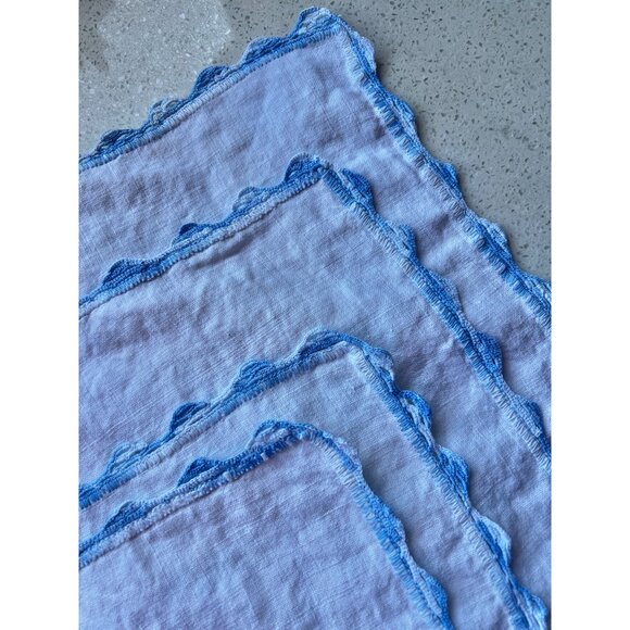 Vintage White Linen Tablecloth Blue Crocheted Edge & Floral Cross Stitch Embroid - Picture 7 of 9